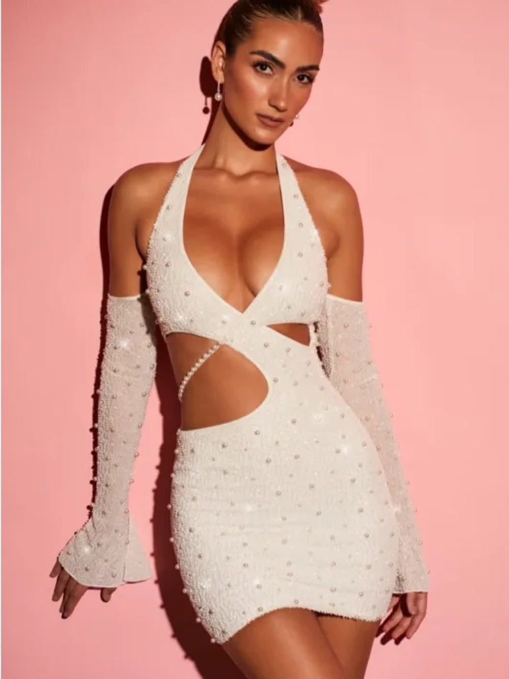 Oh Polly Marseilles White Pearl Embellished Cold Shoulder Cutout Mini Dress US 4